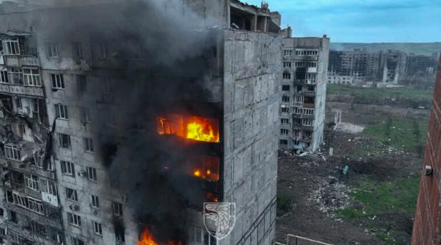 FILE PHOTO: An aerial view shows destructions in the frontline city of Bakhmut, amid Russia’s attack on Ukraine, in Donetsk region, Ukraine, in this handout picture released on May 21, 2023. Press Service of the 93rd Kholodnyi Yar Separate Machanized Brigade of the Ukrainian Armed Forces/Handout via REUTERS