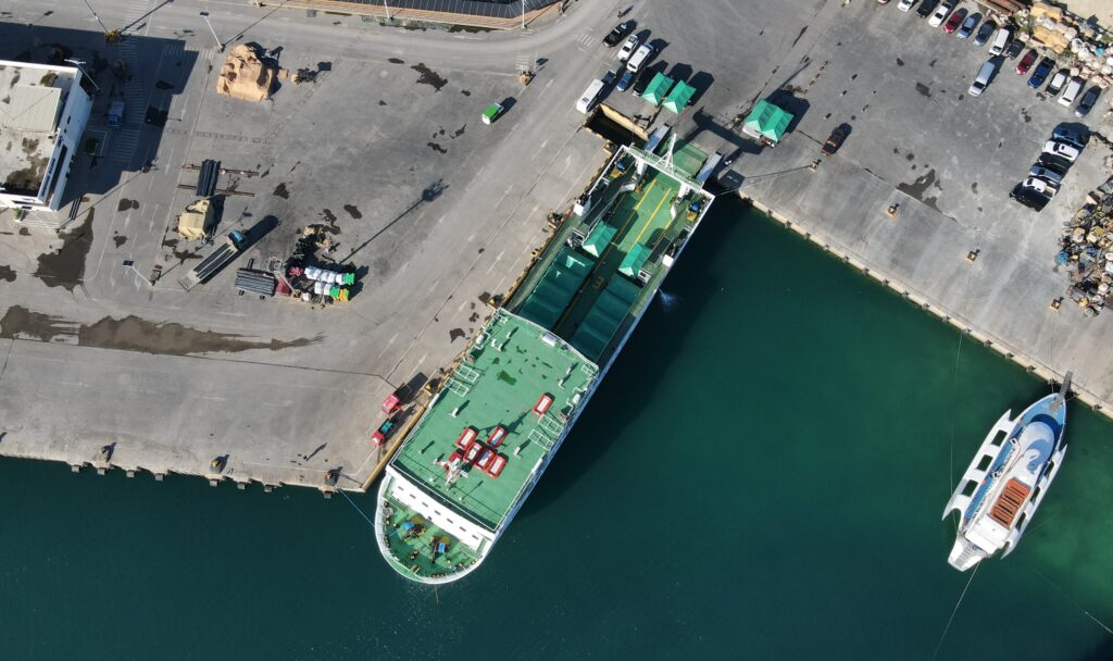 Drone shot of Lite Ferry's Lite Ferry Seven docked in the pier of Bohol