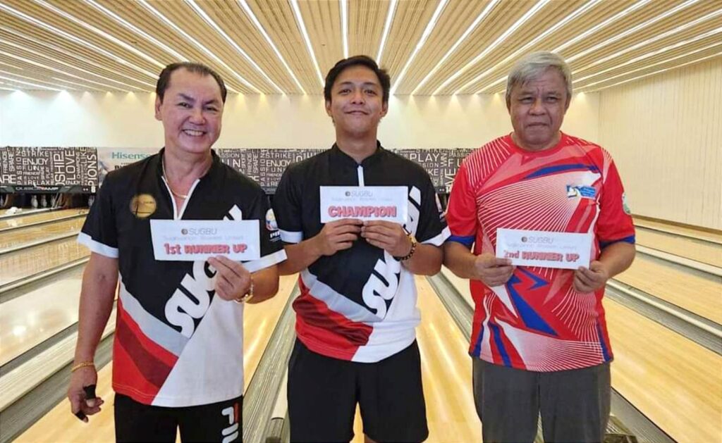 (From left to right) Rene Ceniza, GJ Buyco, and Edgar Alqueza. They are the top 3 bowlers of the SUGBU Bowling Shootout-Bowler of the Month qualifying tournament. 