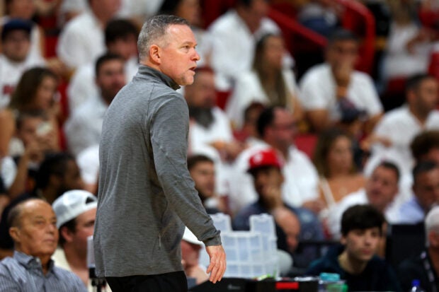 Head coach Michael Malone of the Denver Nuggets looks on during the first half against the Miami Heat in Game Four of the 2023 NBA Finals at Kaseya Center on June 09, 2023 in Miami, Florida. Mike Ehrmann/Getty Images/AFP