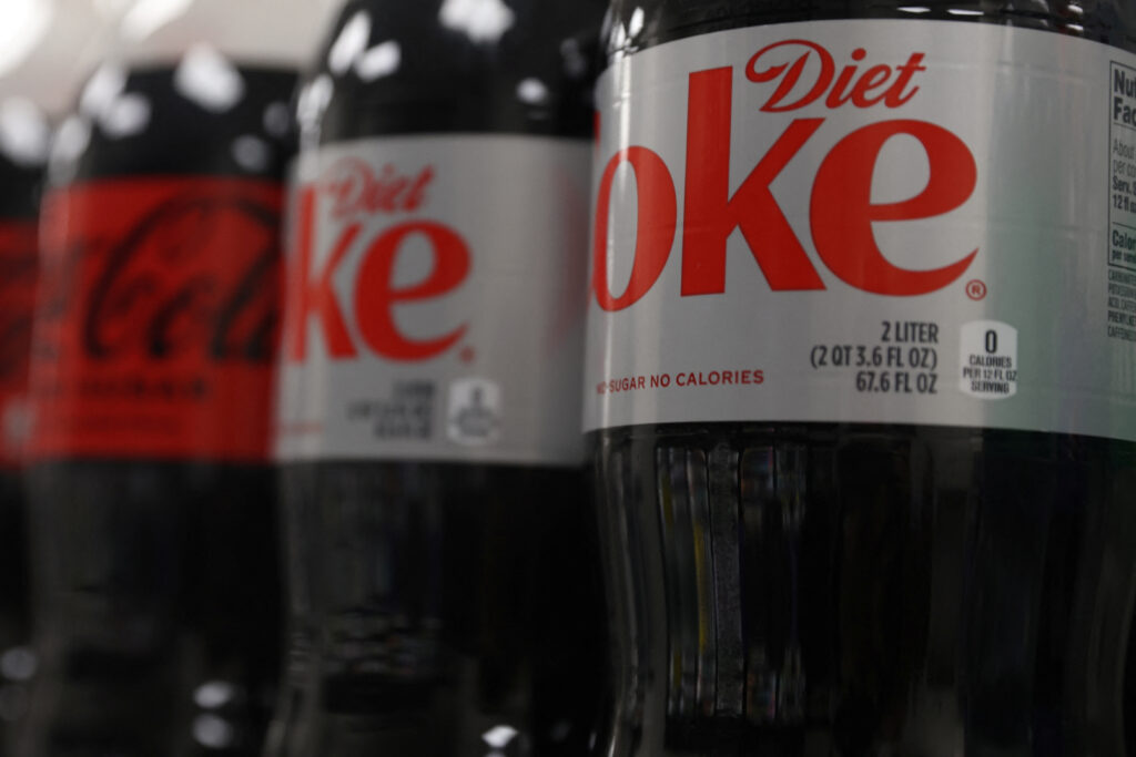 Aspartame sweetener set to be declared a possible carcinogen - sources. Diet Coke is seen on display at a store in New York City, U.S., June 28, 2023. REUTERS/Shannon Stapleton