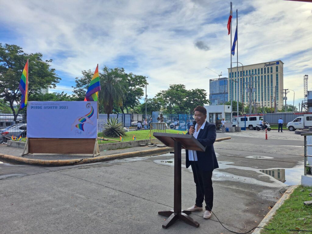 Lawyer Magdalena Lepiten shares a message on her 'coming out' in front of her colleagues, judges, and court personnel during Cebu City Hall of Justice's Pride Month celebration on Monday, June 19, 2023.