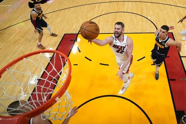 Kevin Love #42 of the Miami Heat shoots the ball during the second half against the Denver Nuggets in Game Four of the 2023 NBA Finals at Kaseya Center on June 09, 2023 in Miami, Florida. Kyle Terada – Pool/Getty Images/AFP
