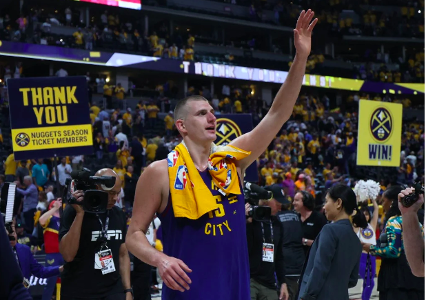 Nikola Jokic #15 of the Denver Nuggets reacts after a 104-93 victory against the Miami Heat in Game One of the 2023 NBA Finals at Ball Arena on June 01, 2023 in Denver, Colorado. Matthew Stockman/Getty Images/AFP