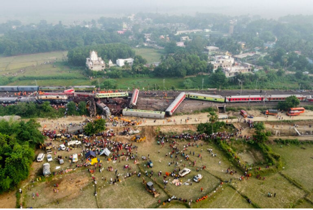A drone view shows derailed coaches after two passenger trains collided in Balasore district in the eastern state of Odisha, India, June 3, 2023. (REUTERS)