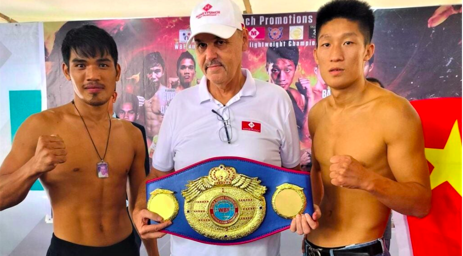 Elmo Traya (left) and WeiWei Liu (right) of China flank Money Punch Fight Promotions CEO Christian Faust who's holding the WBF Australasian super lightweight title during the fight card's official weigh-in on Friday, June 23, 2023, at the Insular Square, Mandaue City. | Contributed photo