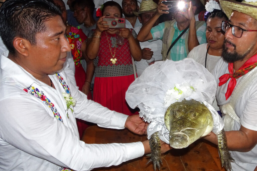 Victor Hugo Sosa, Mayor of San Pedro Huamelula, marries a spectacled caiman (Caiman crocodilus) called "La Niña Princesa" ("The Princess Girl") in San Pedro Huamelula, Oaxaca state, Mexico on June 30, 2023. (Photo by RUSVEL RASGADO / AFP)