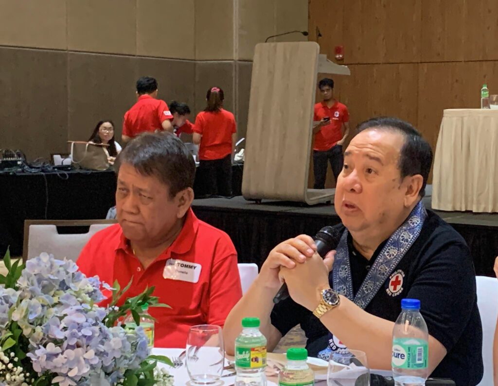 Former Tourism Secretary and the Philippine Red Cross Chairman Richard “Dick” Gordon (right) answers questions from the Cebu media in a press conference on Saturday, July 1, 2023. He was accompanied by his friend and former Cebu City Mayor Tomas Osmeña (left).