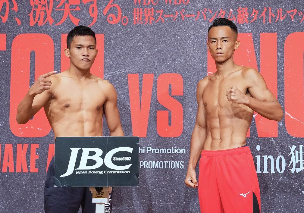 Ronnie Baldonado (left) and Yoshiki Takei (right) strike a pose after passing the weigh-in for their 8-rounder bout in the undercard of Inoue-Fulton unification showdown.