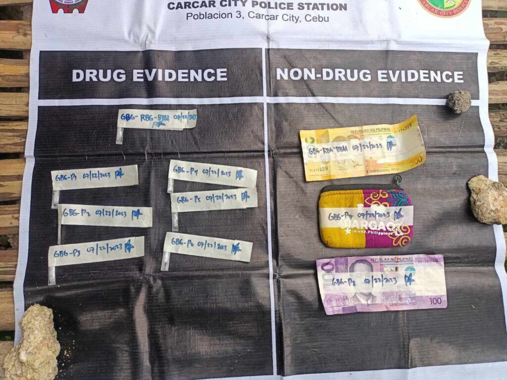 Six sachets of suspected shabu were taken from a brother and a sister, who were caught selling illegal drugs during a buy-bust operation in Carcar City on July 22. | Contributed photo via Paul Lauro