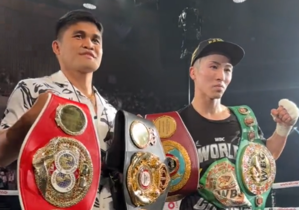 Marlon Tapales (left) and Naoya Inoue (right) pose inside the ring at the Ariake Arena in Japan. | Screen grab from Top Rank's Twitter video