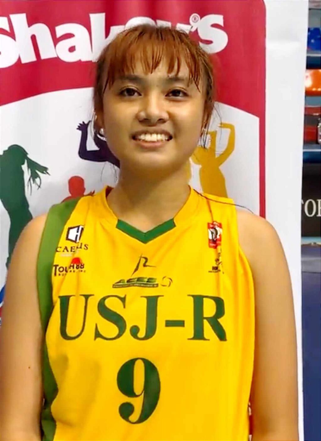 USJ-R Lady Jaguars opens Shakeys Super League Nat'l Invitationals with a win over DLSU-Dasma. USJ-R's Louneth Marie Abangan during the Shakey's Super League women's post-match interview. | Screen grab from Shakey's Super League Twitter video