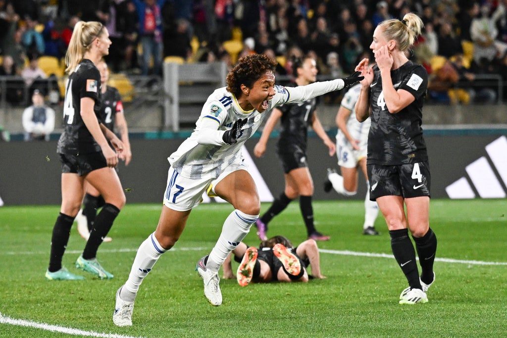 Philippines’ Sarina Bolden reacts after scoring her team’s first goal during the Women’s World Cup Group A soccer match between New Zealand and the Philippines in Wellington, New Zealand, Tuesday, July 25, 2023. (AP Photo/Andrew Cornaga)