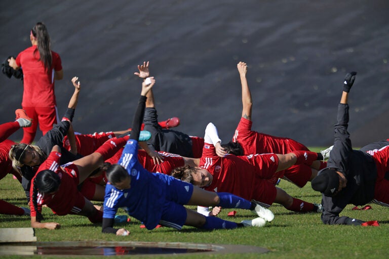 Filipinas eye takedown of fancied Norwegians for place in KO stage. In photo are Team Philippines members limbering up for practice ahead of their gigantic clash with world power Norway for a seat in the round-of-16. (Photos courtesy of the Philippine National Women’s Football Team)