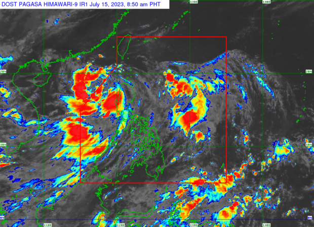 The state weather bureau says on Saturday, July 15, 2023, that the center of Tropical Depression Dodong was last located 260 kilometers West of Sinait, Ilocos Sur. The southwest monsoon, on the other hand, is affecting Central and Southern Luzon, Visayas, and Mindanao. Weather satellite image from Pagasa