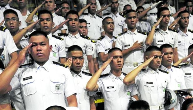 Execution bond in the Magna Carta for Filipino Seafarers is anti-labor and unconstitutional. In photo are seafarers saluting during the celebration of the 23rd National Seafarers' Day in Manila in this September 29, 2019 photo. Inquirer File Photo
