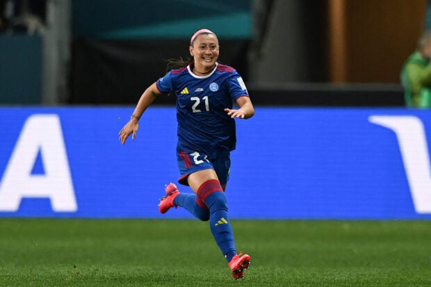 Philippines’ forward #21 Katrina Guillou celebrates scoring before her goal was ruled out for offside during the Australia and New Zealand 2023 Women’s World Cup Group A football match between the Philippines and Switzerland at Dunedin Stadium in Dunedin on July 21, 2023. (Photo by Sanka Vidanagama / AFP)