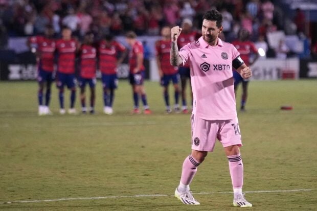 Lionel Messi #10 of Inter Miami CF celebrates after making his penalty kick attempt during the Leagues Cup 2023 Round of 16 match between Inter Miami CF and FC Dallas at Toyota Stadium on August 06, 2023 in Frisco, Texas. Alex Bierens de Haan/Getty Images/AFP