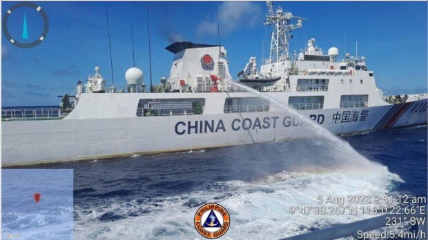 THOSE ‘MANEUVERS’ AGAIN A China Coast Guard (CCG) ship on Saturday is seen preparing to strike a Philippine Coast Guard (PCG) vessel with a water cannon as it is on its way to Ayungin (Second Thomas) Shoal. The Armed Forces of the Philippines and the PCG criticized the “dangerous maneuvers,” urging the CCG to “act with prudence.” 