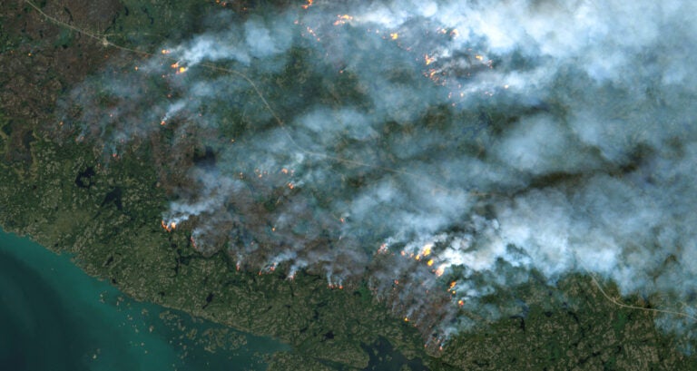 FILE PHOTO: A satellite image shows wildfires burning near Yellowknife, Northwest Territories, Canada August 16, 2023. Maxar Technologies/Handout via REUTERS