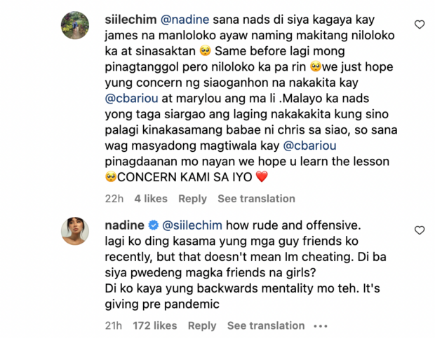 Nadine Lustre reaction to comments on her boyfriend's friendship with other women.