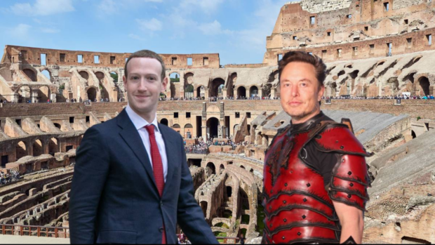 Italy stands ready to host as Musk talks up Zuckerberg rumble. In photo is Mark Zuckerberg and Elon Musk with a background of the colosseum.