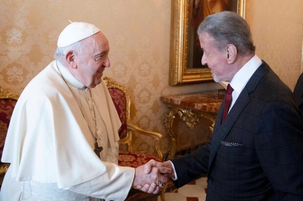 Pope Francis meets actor Sylvester Stallone at the Vatican, September 8, 2023. (Vatican Media/­Handout via REUTERS)