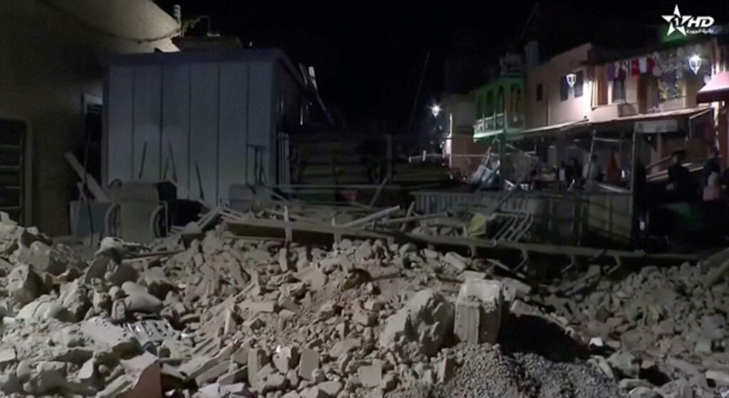 Morocco earthquake. View of rubble from the earthquake in Marrakech, Morocco September 9, 2023 in this screen grab taken from a video. Al Oula TV/Handout via REUTERS THIS IMAGE HAS BEEN SUPPLIED BY A THIRD PARTY. NO RESALES. NO ARCHIVES. MANDATORY CREDIT. MOROCCO OUT. NO COMMERCIAL OR EDITORIAL SALES IN MOROCCO