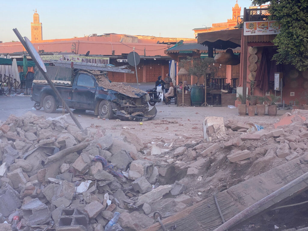 In photo is a view of a damaged vehicle in the historic city of Marrakech, following a powerful earthquake hit the country.