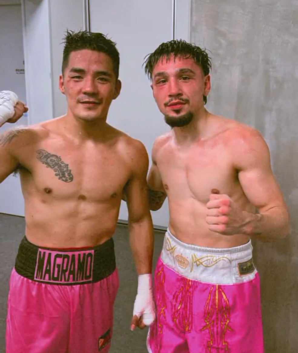 Giemel Magramo (left) and Anthony Olascuaga (right) take a photo together to show sportsmanship after their bout in Japan. | Photo from Magramo's Facebook page