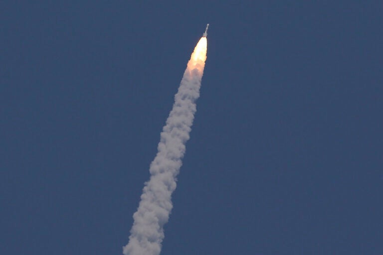 India’s Aditya-L1 spacecraft travels after it was launched from the Satish Dhawan Space Centre in Sriharikota, India, Saturday, September 2, 2023. India launched its first space mission to study the sun on Saturday, less than two weeks after a successful uncrewed landing near the south polar region of the moon. (AP Photo/R. Parthibhan)