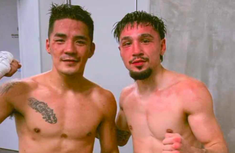 Giemel Magramo (left) and Anthony Olascuaga (right) take a photo together to show sportsmanship after their bout in Japan. | Photo from Magramo's Facebook page