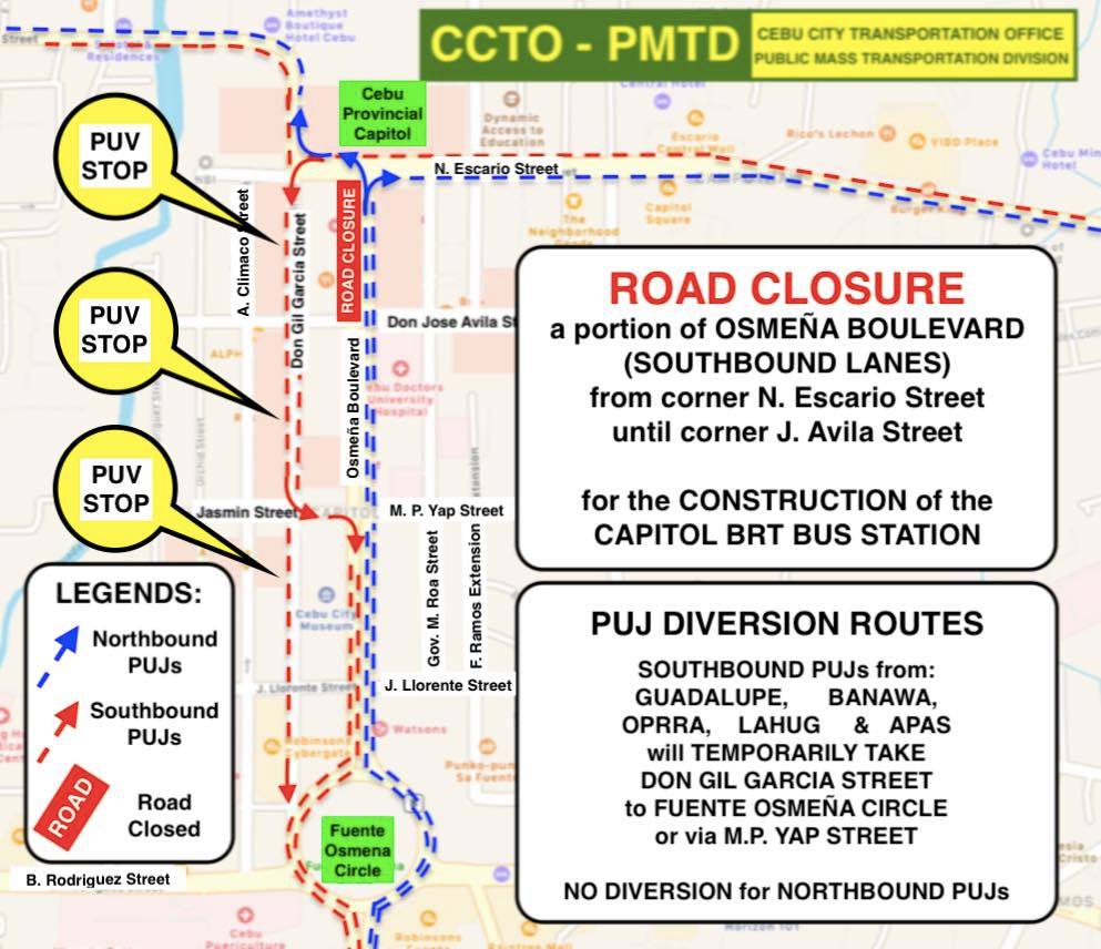 CCTO: Part of Osmeña Blvd near Capitol to be closed to traffic for 10 days. In photo is the map and where the road closure will be implemented.