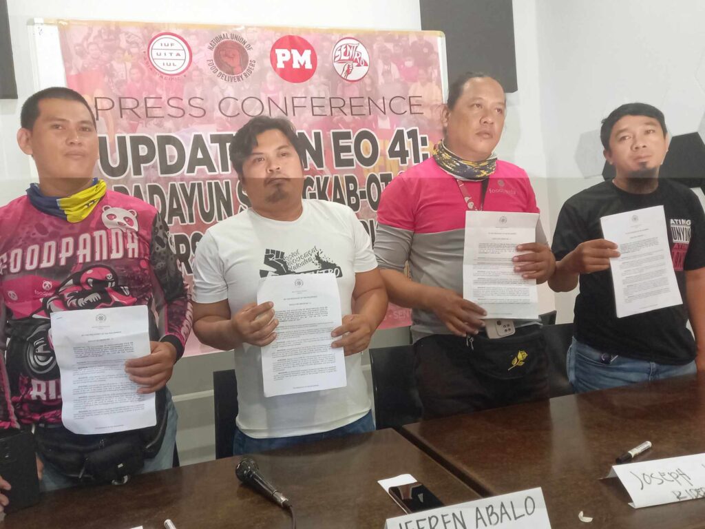 The National Union of Food Delivery Riders-Cebu hold a press conference on Thursday. 