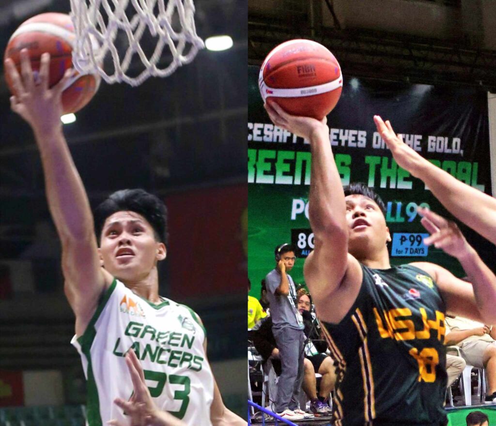 Raul Gentallan (left) of UV Green Lancers and EJ Agbong (right) of the USJ-R Jaguars during their respective games in the Cesafi.