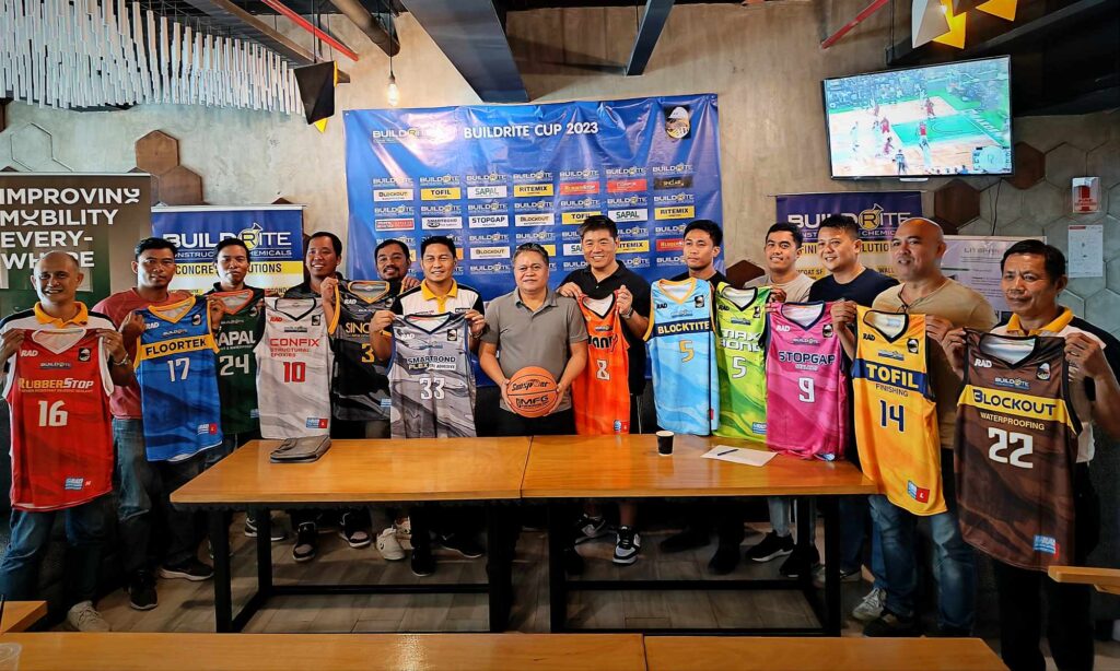 Representatives of the 12 teams, sponsors, and organizers in the Buildrite Cup basketball tournament pose for a group photo during a presser on October 20, 2023.