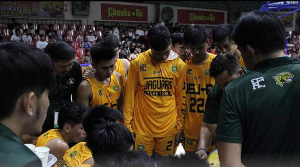 Members of the USJ-R Baby Jaguars team huddle during their Cesafi high school game on Saturday, October 28.