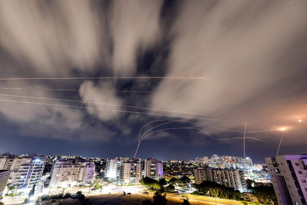 Israel's Iron Dome anti-missile system intercepts rockets launched from the Gaza Strip, as seen from Ashkelon, in southern Israel, October 14, 2023. REUTERS/Amir Cohen