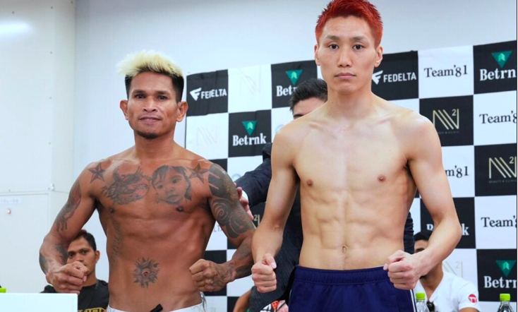 Casimero makes weight for Japan debut fight. In photo are John Riel Casimero (left) and Yukinori Oguni (right), who strike a pose after making their weigh-in for their bout on October 12, Thursday at the Ariake Arena in Tokyo, Japan. | Photo from Treasure Boxing