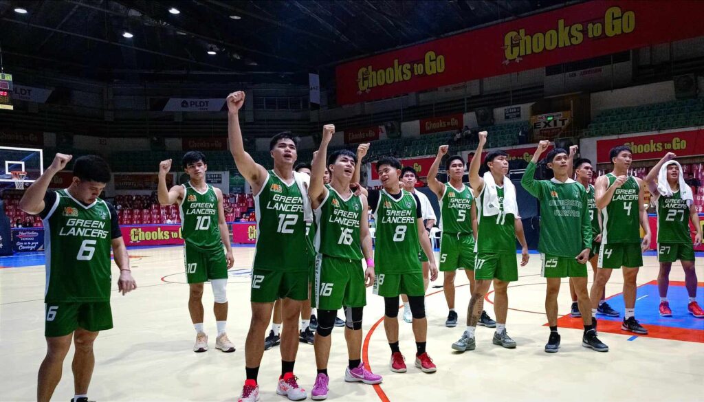 UV Green Lancers players singing their school hymn after completing a 10-0 record in the Cesafi men's basketball tournament.