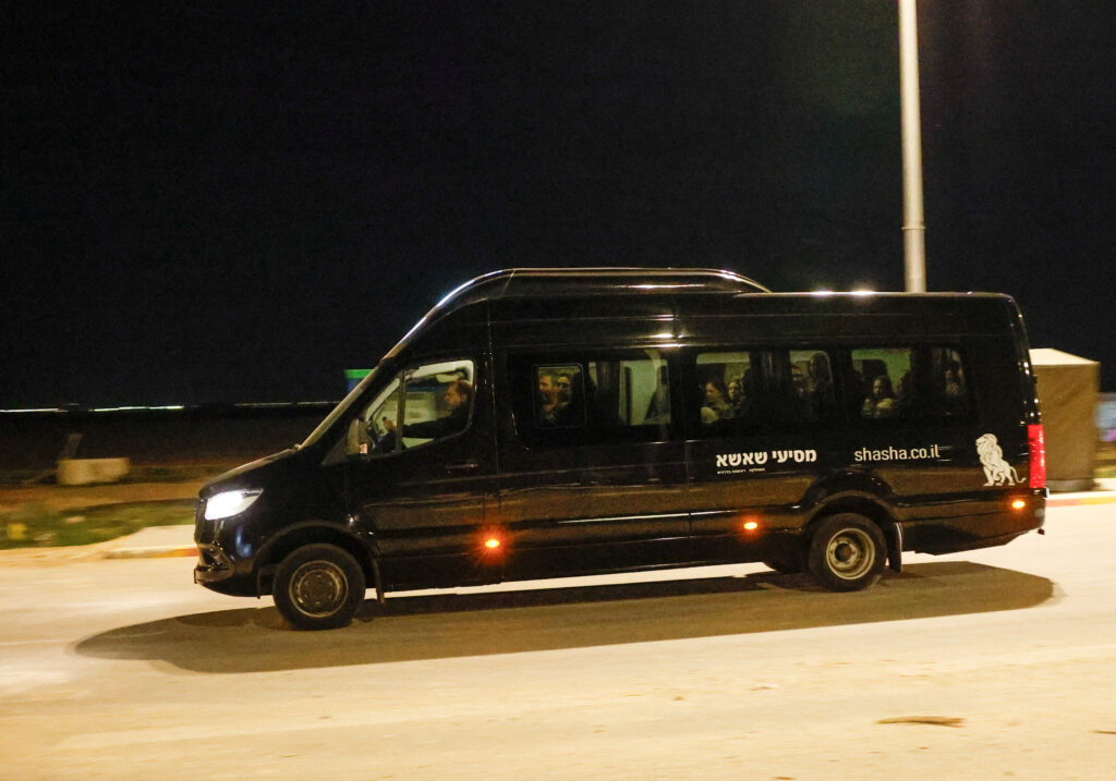 Israeli families welcome second batch of freed hostages. In photo is believed to be a van carrying released hostages. 