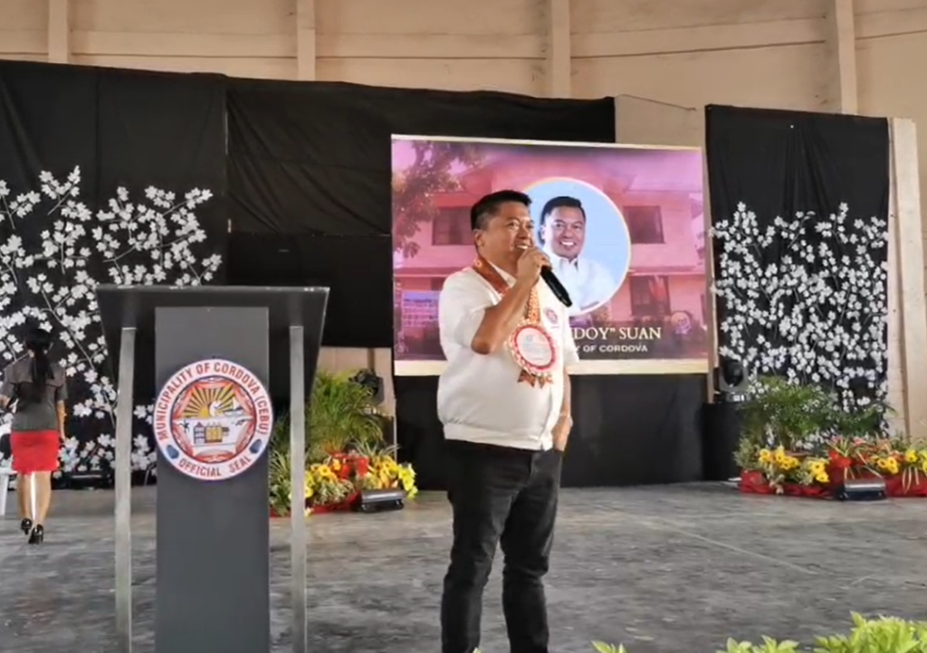 Cordova Mayor Cesar Suan makes his call to parents, teachers to encourage students to develop their talents, kills and to stop bullying during his State of the Children Address at the Cordova Sports and Cultural Center today, November 22. | Futch Anthony Inso