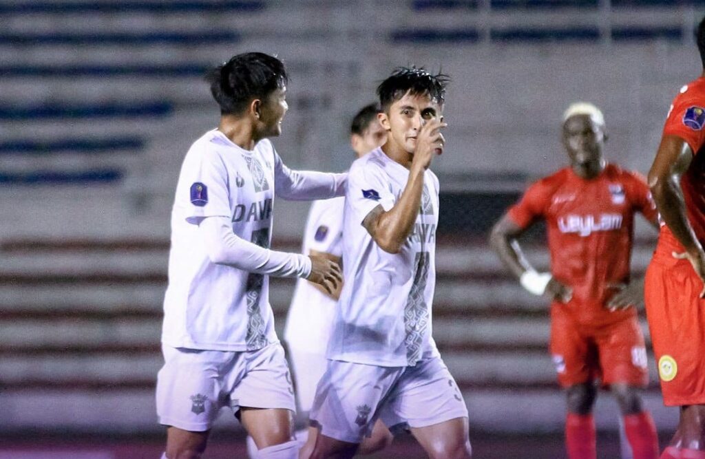 Cebu Football Club draws Davao Aguilas, gets booted out of Copa Alcantara. Paolo Bugas (right) celebrates after scoring a goal for Davao Aguilas-University of Makati. | Photo from PFL