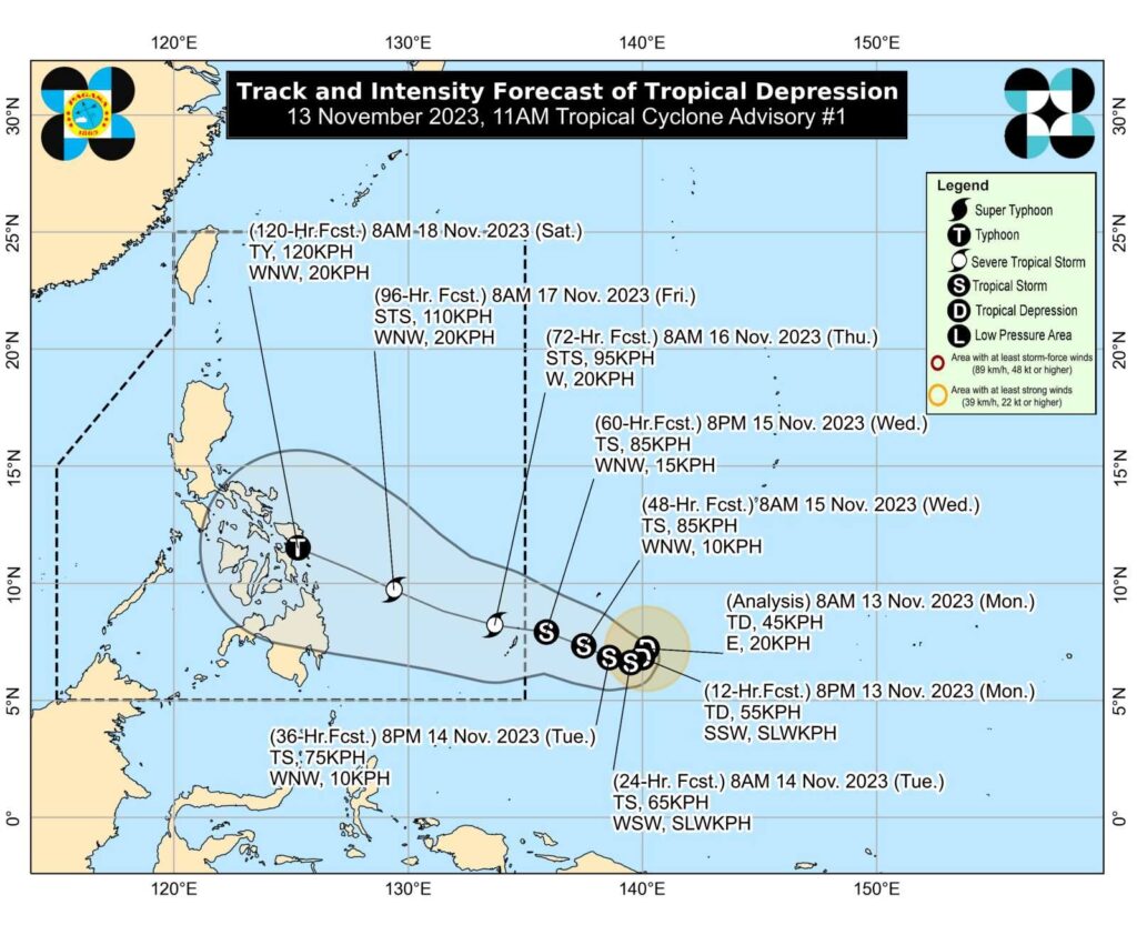 Forecast track of Tropical Depression Kabayan as of November 13, 2023.