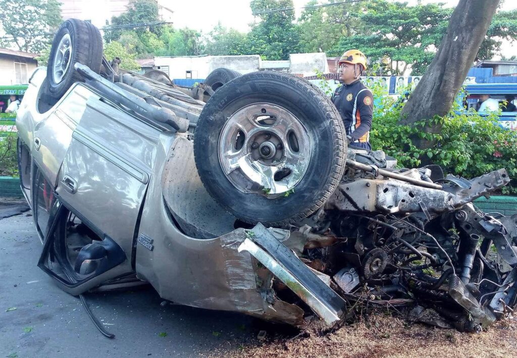 Korean national flees after bumping truck, ends up in multiple-vehicle collision that killed rider. In photo is the damaged SUV of the Korean national.