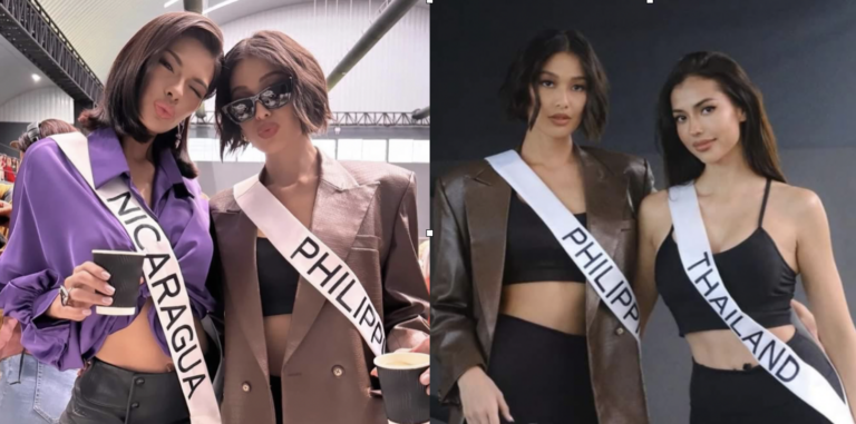Miss Universe Philippines Michelle Marquez Dee with fellow Miss World alumna Sheynnis Palacios from Nicaragua (left picture), and 2019 Miss Supranational Anntonia Porsild from Thailand (right picture). Combined images from PAGEANTS NEWS X PHOTO / MICHELLE DEE FACEBOOK PHOTo