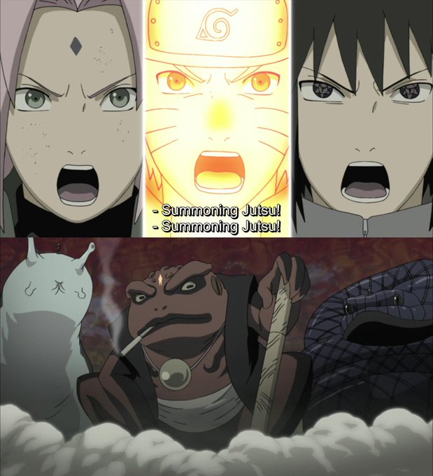 'Attack on Titan' situation compared to 'Naruto' The Fourth Great Ninja Wars: Team 7 members -- Uzumaki Naruto, Sakura Haruno and Sasake Uchiha -- summons the powerful animals that they signed a contract with as they prepare to go into battle against Madara Uchiha and the 10 tailed beast. | From X @Naruto_anime_en