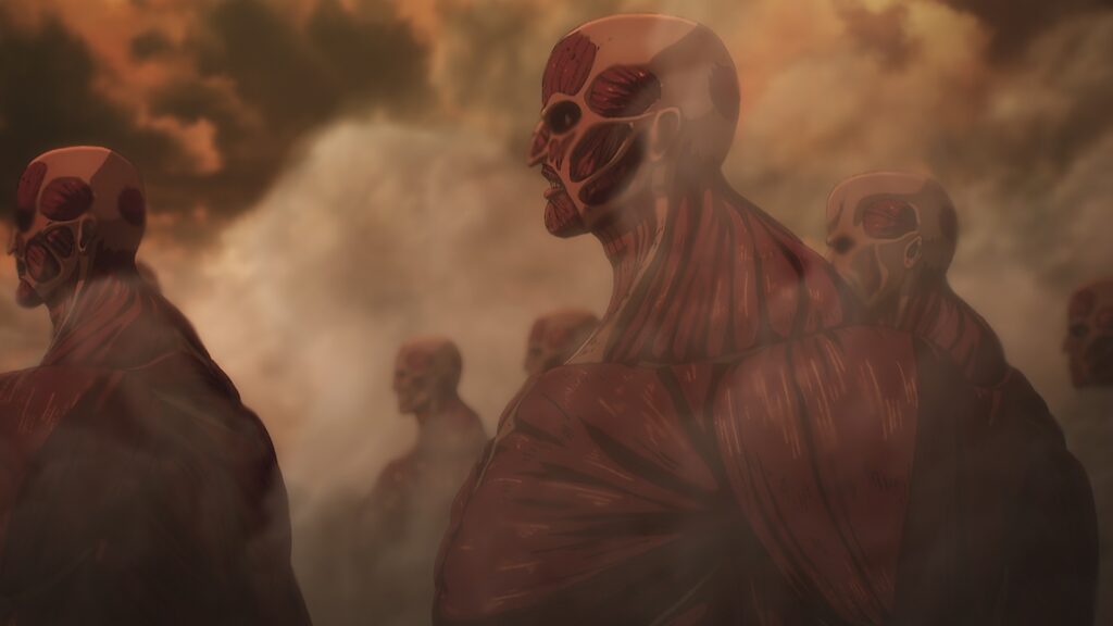 'Attack on Titan'. The Rumbling has began as the wall titans have been freed from the walls and are moving to areas outside Paradis Island to exterminate any living being there. | from X @AttackOnTitanEn