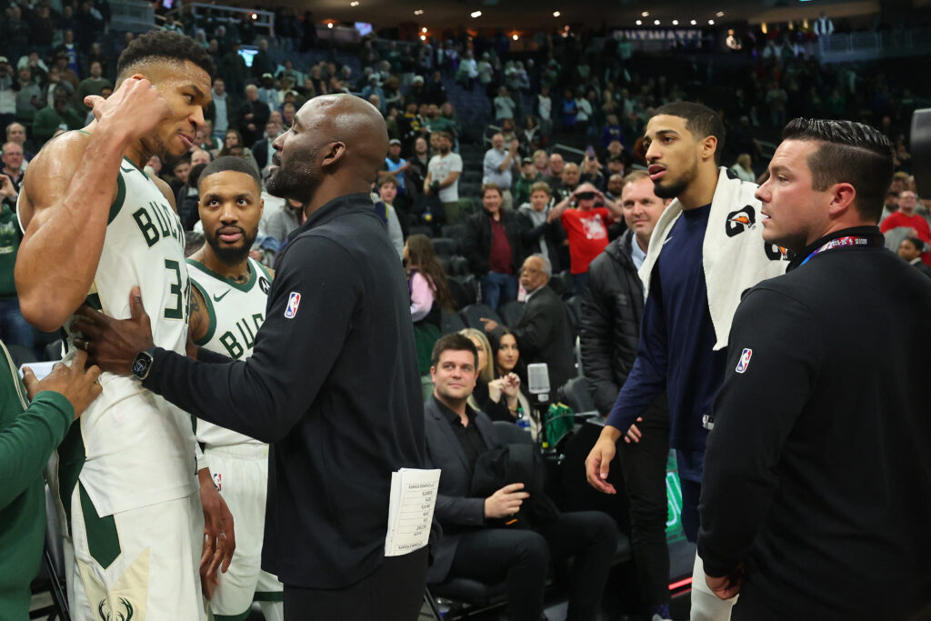 Bucks, Pacers square off over game ball. In photo are Giannis Antetokounmpo #34 of the Milwaukee Bucks exchanges words with Tyrese Haliburton #0 of the Indiana Pacers following a game at Fiserv Forum on December 13, 2023 in Milwaukee, Wisconsin. | Stacy Revere/Getty Images/AFP