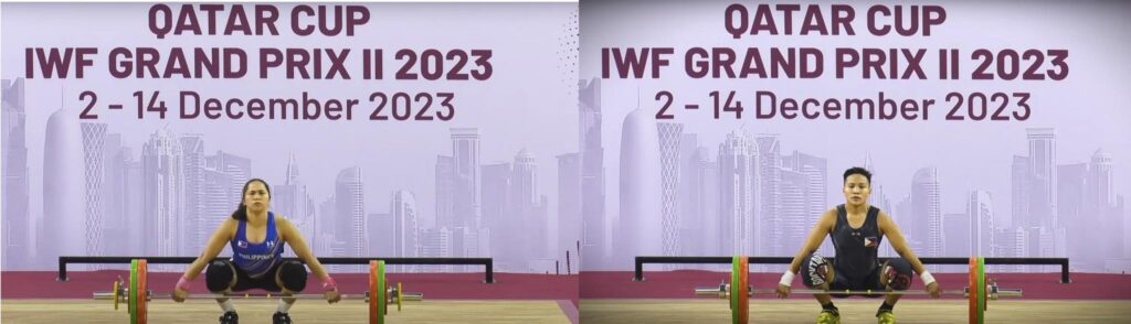 Hidilyn Diaz (left) and Elreen Ando (right) during their respective lifts in the IWF Grand Prix II in Doha Qatar.